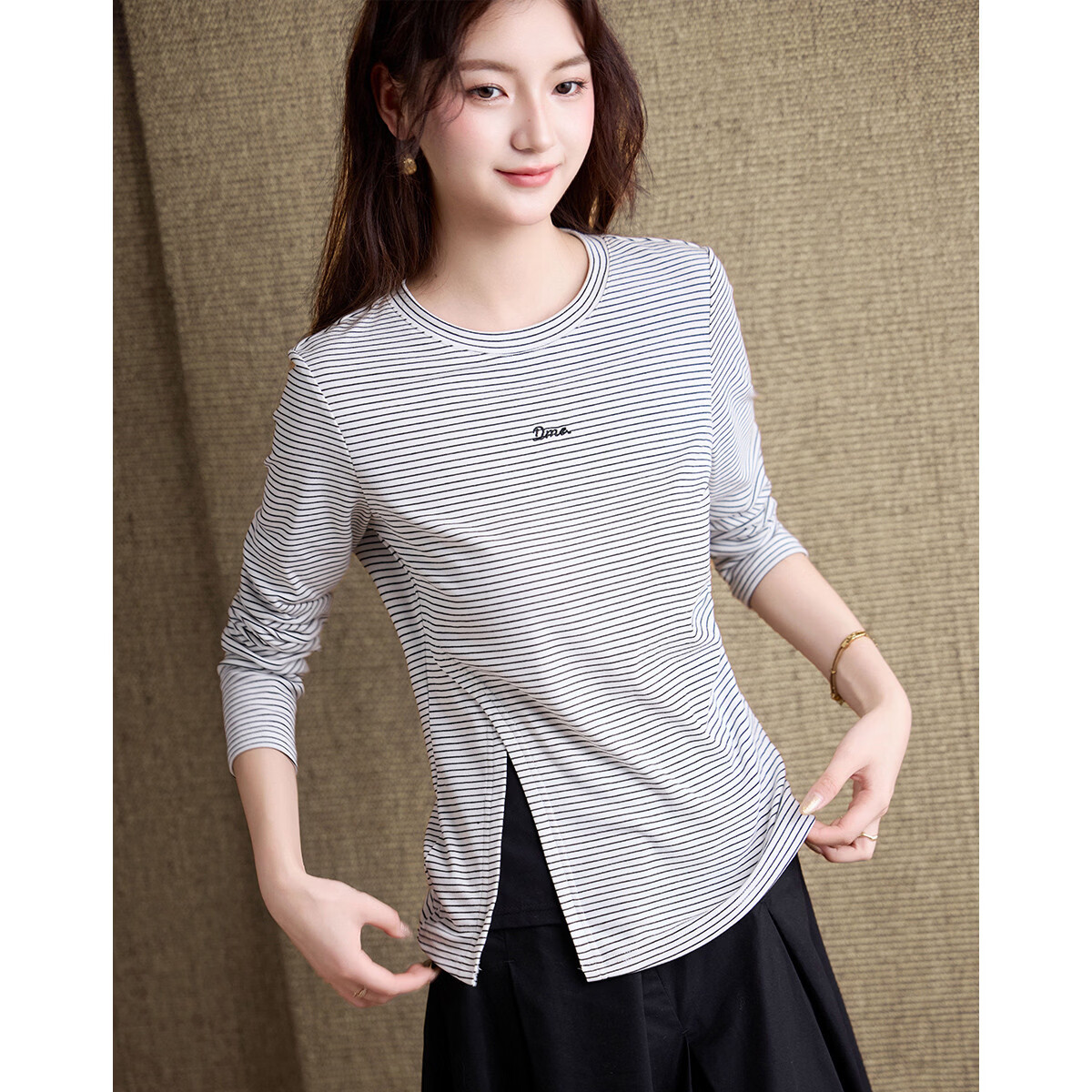 Demana [Striped Aesthetics] Spring Retro Style Double-Layer Collar Embroidered Patchwork Split Hem Petite Women's T-Shirt