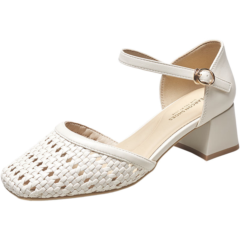 Eierkang Women's 520 Gift Hollow Mary Jane Shoes Chunky Heel Peep Toe Sandals 29865W Off-White Size 39