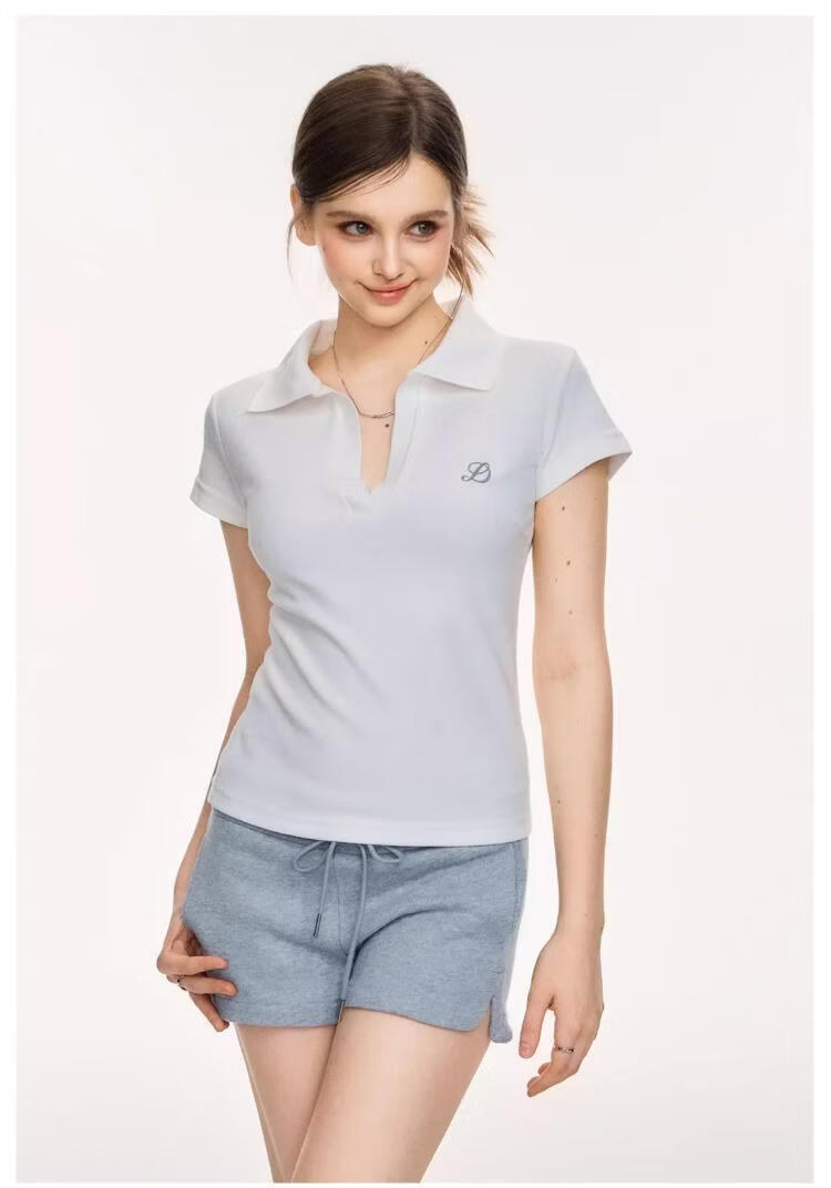 ICH MODE Vintage Polo Collar Short Sleeve T-Shirt Women 2026 Summer New Slim Fit Cropped Top White L 14