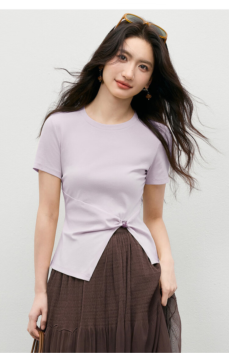 Shangdu Bila Lenzing Cotton T-Shirt Women Spring Summer Korean Style Round Neck Split Hem Beaded Twist Slim Fit Layering Top 13
