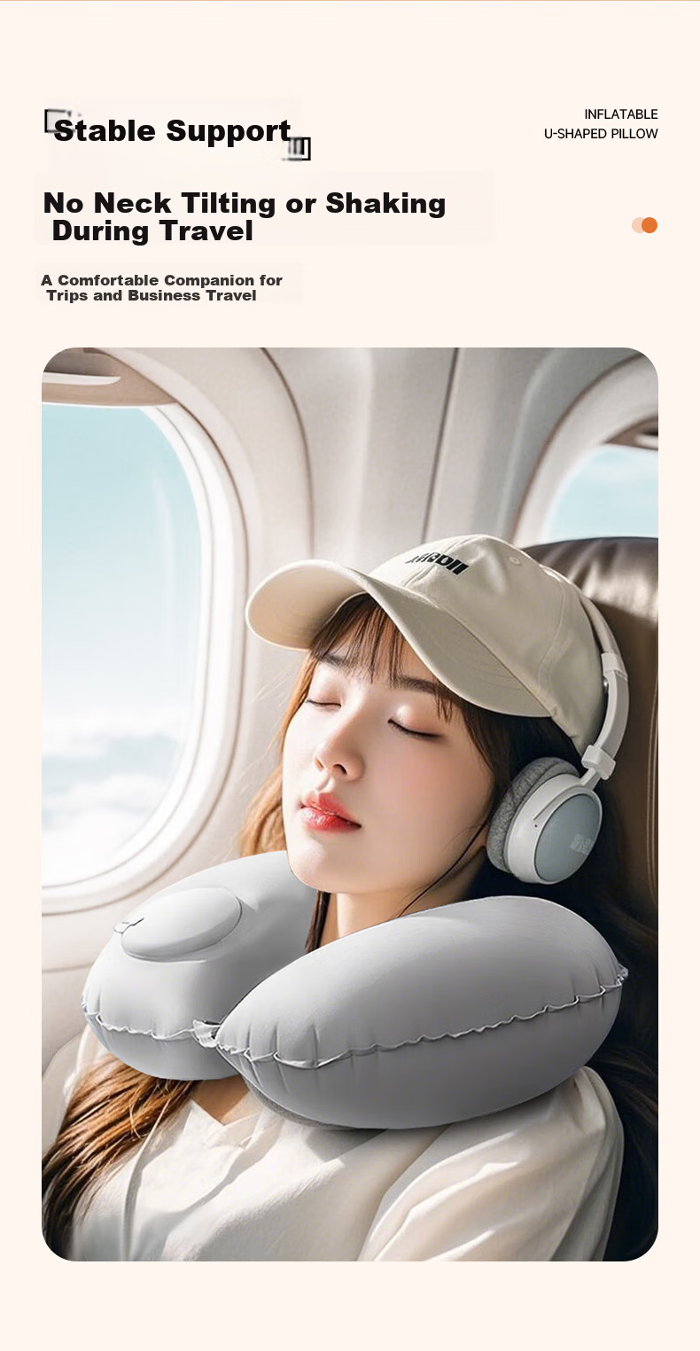 Baicaoyuan Inflatable U-Shaped Travel Pillow Portable Airplane Neck Pillow for Train and Flight Sleep Neck Support Cushion 6