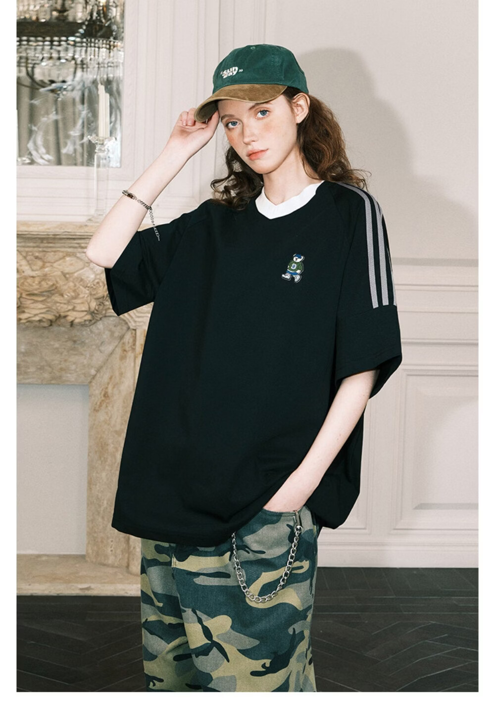 ICH MODE Raglan Stripe V-Neck Short Sleeve T-Shirt Women Summer Bear Series Sorona Cooling Top Black M 6