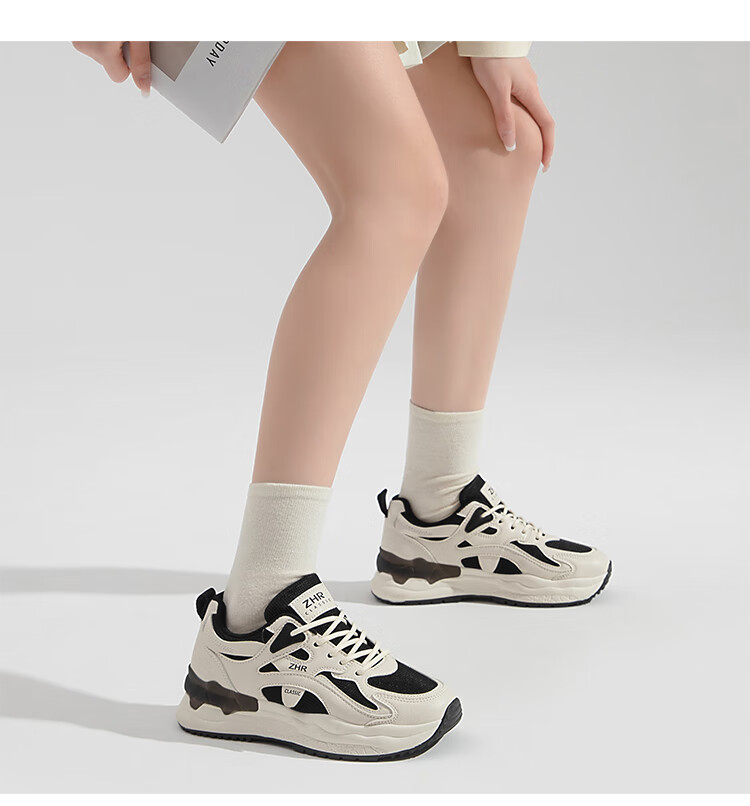 ZHR Casual Shoes for Women, Trendy Cool Lightweight Thick-Soled Sneakers, Comfortable Breathable Color-Block Women's Shoes CS58 White And Black Size 39 12