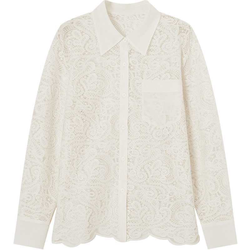Demana [Cloud Oxygen Cotton Blend] Spring Elegant Lace Hollow Splicing Lapel Loose Petite Women's Shirt