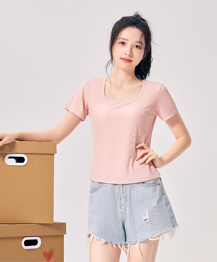 Hodo Women's T-Shirt 10A Antibacterial Smooth Modal Stretch with Chest Pad Textured Ribbed Versatile Outerwear Basic Short Sleeve Shirt 13