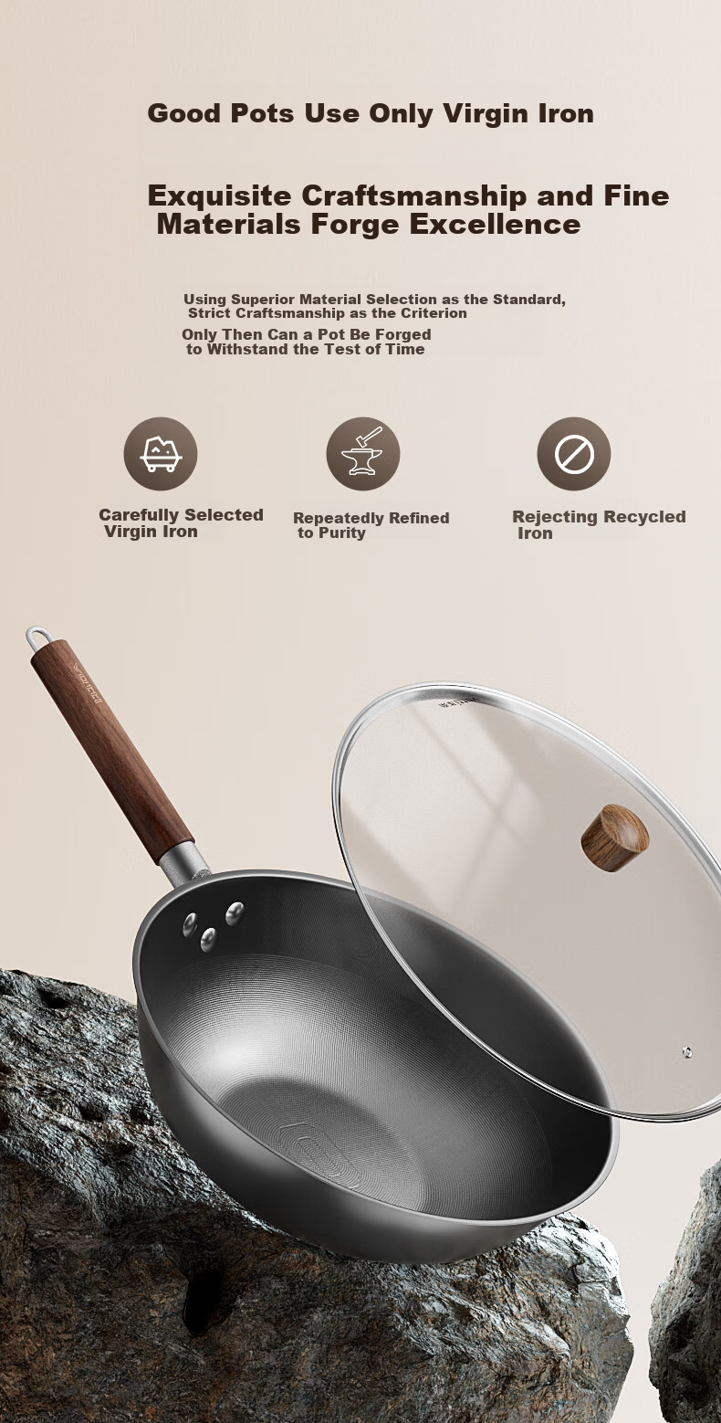 VATTI Titanium Iron Wok Non-Coated Non-Stick Stir Fry Pan Nitride Rust-Resistant Compatible with Gas Stove and Induction Cooker 10