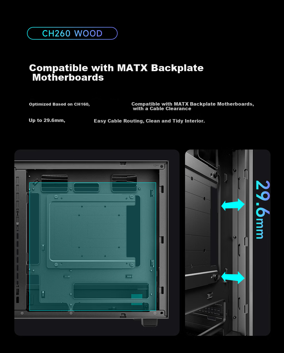 DEEPCOOL CH260WOOD Black Case Compatible with Backplate Motherboard / 360mm Water Cooling / ATX Power Supply / 174mm Air Cooling / Wood Grain Finish I/O Interface 5