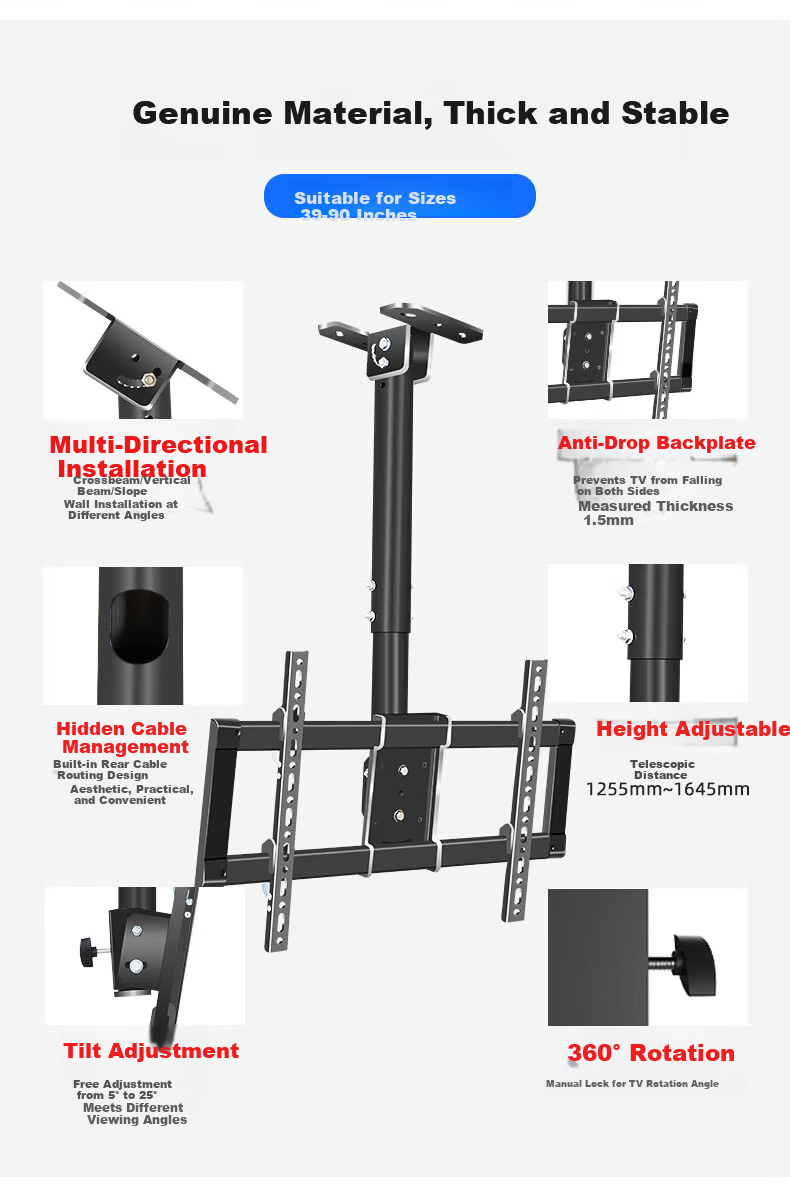 HILLPORT 43/55/65/75/85/86 Inch TV Ceiling Mount Bracket 360° Rotatable Telescopic Multifunctional Monitor Surveillance Thickened Column T765 4