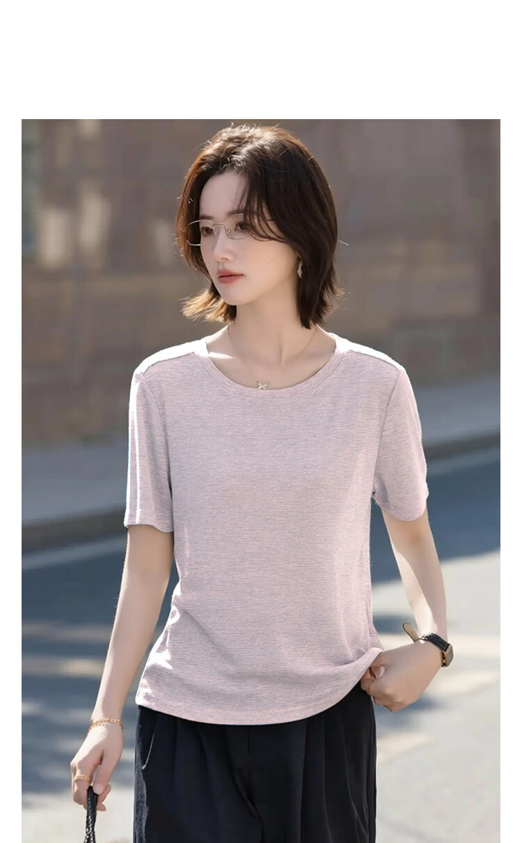 Demana [Mulberry Silk and Vinegar Fiber Blend] Summer Simple Style Round Neck Shiny Stripe Slim Fit Short Sleeve T-Shirt for Women Premium Feel 6
