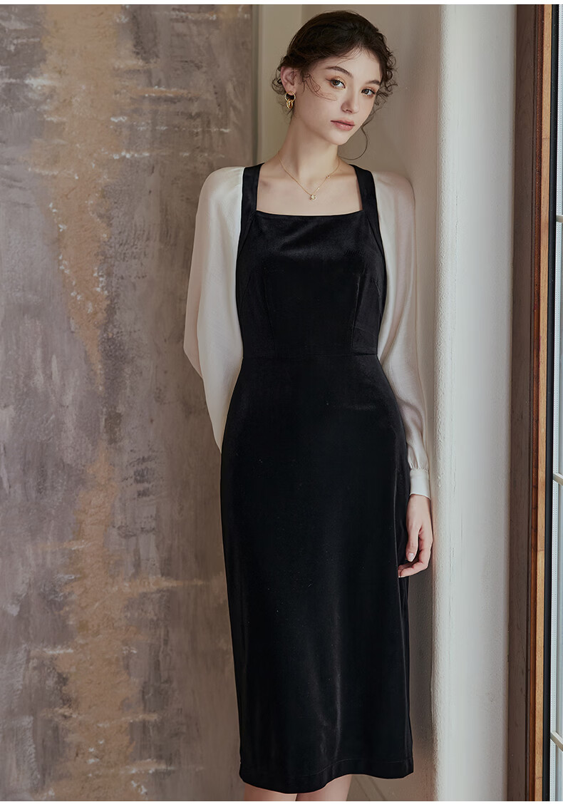 ROEYSHOUSE French Style Women's Spring Vintage Patchwork Velvet Slim Dress 07942 Colorblock M 5