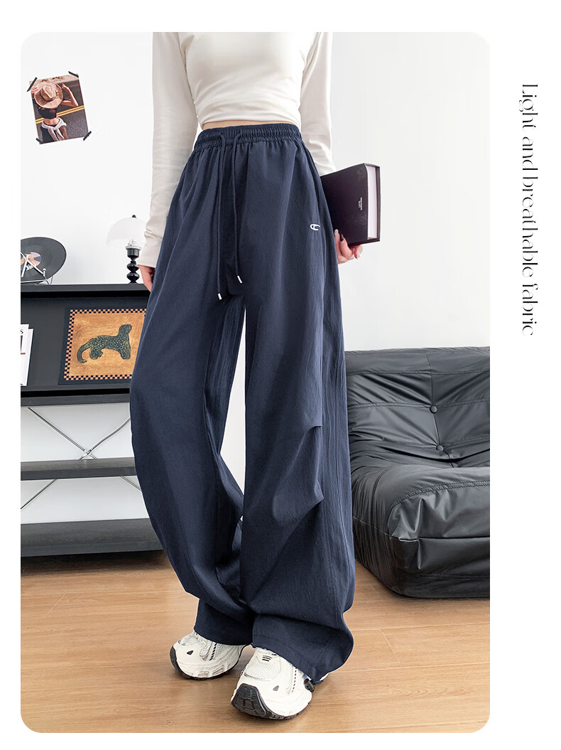 Langsha Embroidered Work Pants for Women 2026 Spring Summer Thin High Waist Slim Loose Straight Quick-Dry Ice Silk Wide-Leg Sports Pants 12