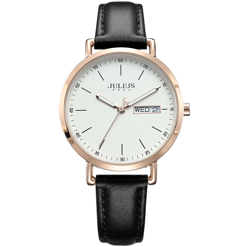 Julius Ladies' Watch, Korean Fashion Style, Large Dial with Calendar And Day of Week Display, Quartz Ladies' Watch for Female Students, Black JA-1381B