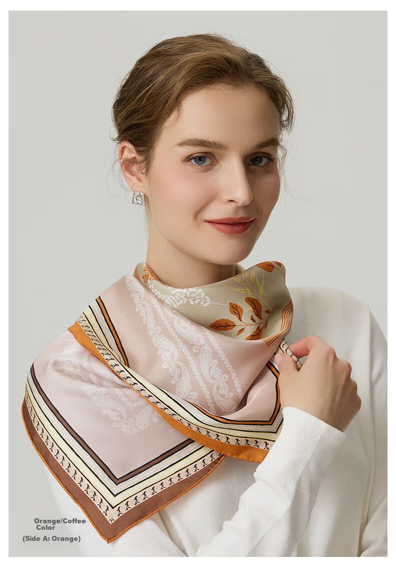 MARJA KURKI Birthday Gift Double-Sided Color-Block Mulberry Silk Scarf, Mother's Pure Silk Scarf, Ladies' Silk Clasp Set with Lace Trim, Wood Orange Brow 7