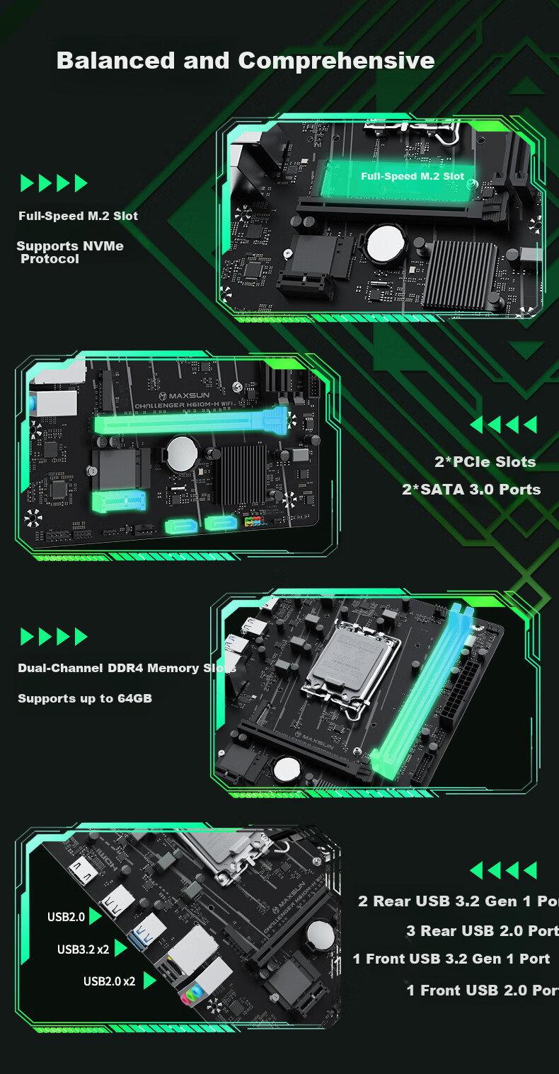 MAXSUN MS-Challenger H610M-H WIFI Gaming Motherboard Support 12490F/13490F/13100 (Intel H610/LGA 1700) 6