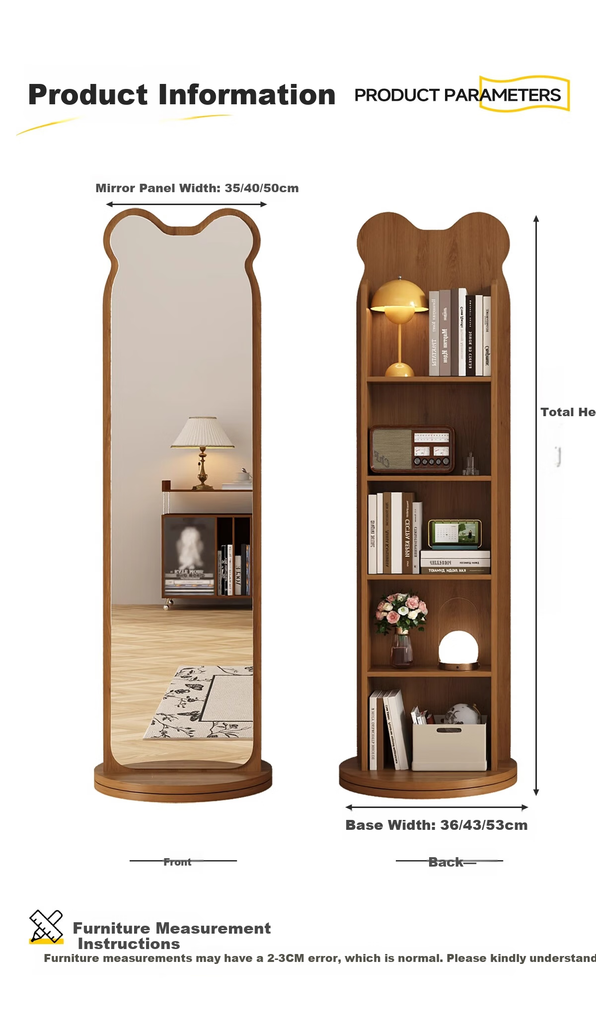 Millennium Huafu Bear Rotating Dressing Mirror Full-Length Floor Mirror with Magazine Rack Rotating Storage Dressing Mirror 165*36 Black 13