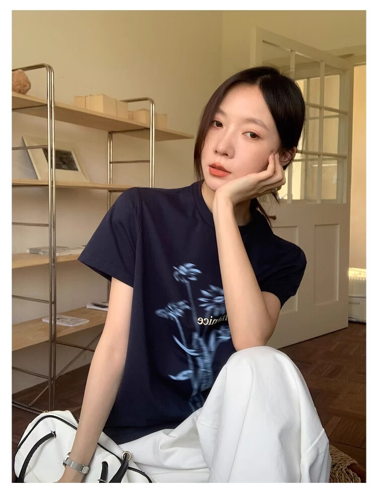 ICH MODE Floral Print Short Sleeve T-Shirt Women Spring Autumn New Korean Style Beautiful Shoulder Tee Navy Blue S 8