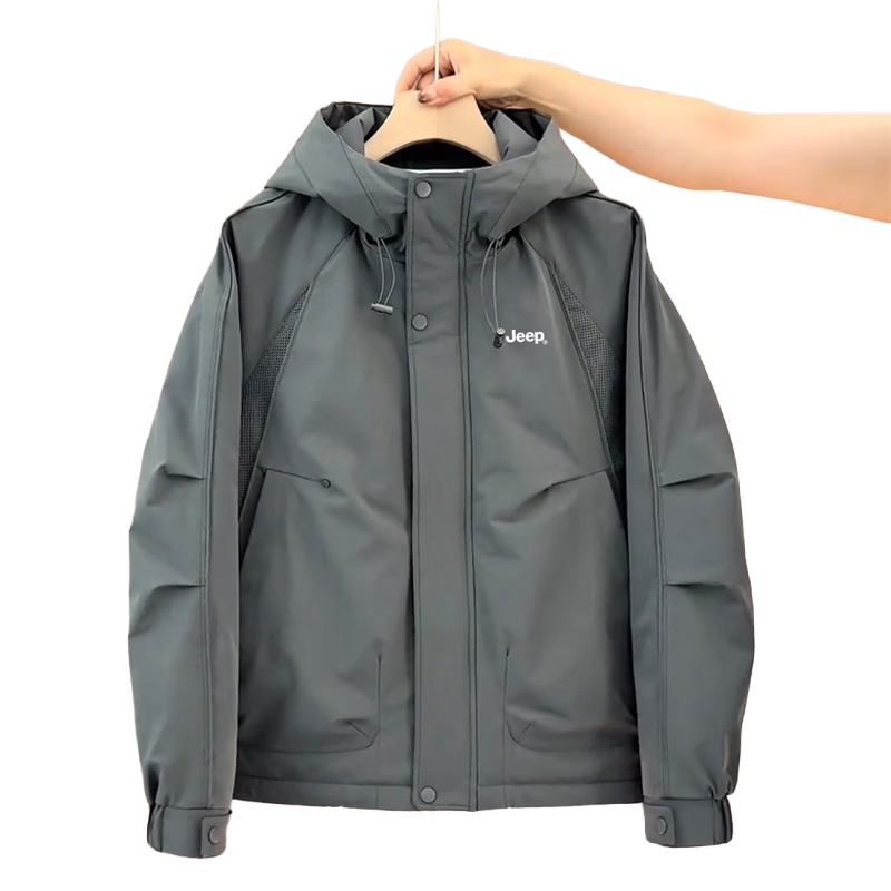 JEEP Men's Spring Autumn Loose Hooded Workwear Jacket Trendy Outdoor Coat Gray 3XL