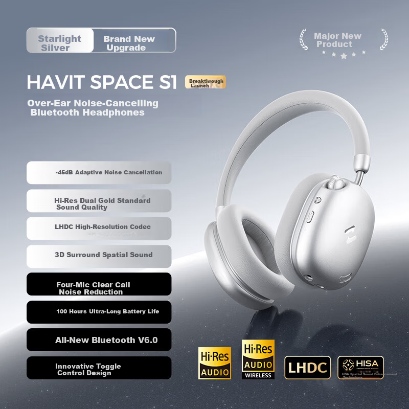 Havit Over-Ear Bluetooth Headphones -45dB Adaptive Active Noise Cancelling Bluetooth Gaming Headset Low Latency Sports Long Battery Life Gift Starlight Silver