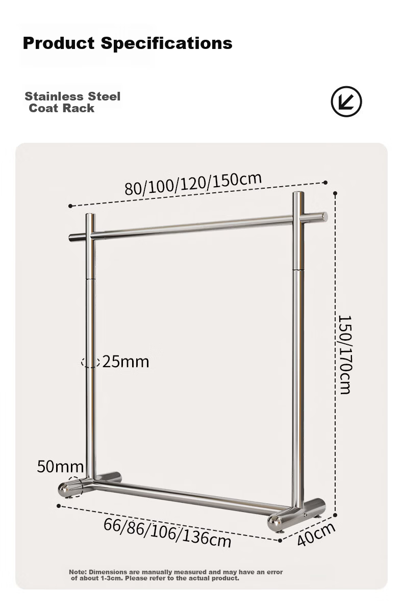 Yaoying YJ11 Stainless Steel Floor Clothes Rack Single Rod Garment Hanger for Bedroom Balcony 120x170cm 16