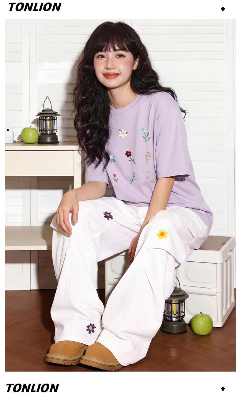 TonLion Women's Short Sleeve T-Shirt Pure Cotton 2026 Summer New Trendy Floral Design Petite Top 4