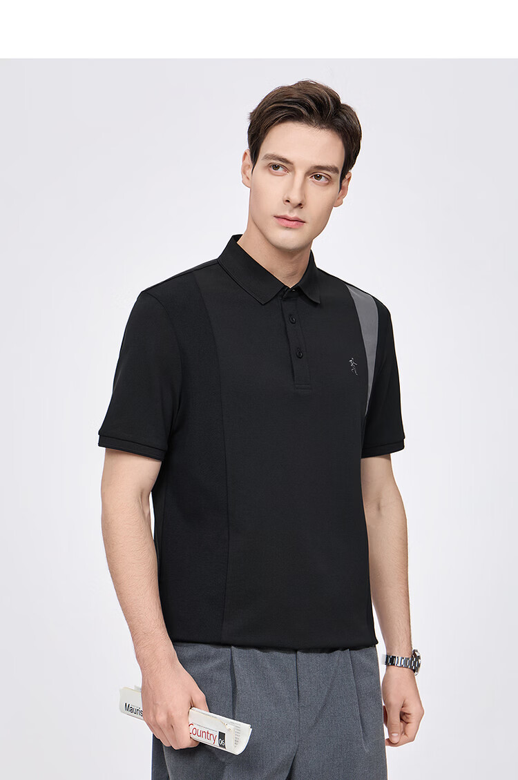 Dancing with Wolves [Ice Cool Tencel] Colorblock Spliced Collar Men's Summer Lyocell Short Sleeve Polo Shirt 001 Black XL 6