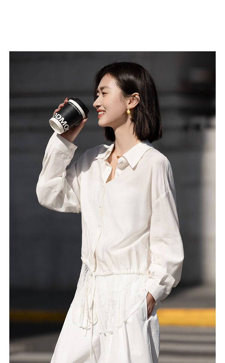Demana Luxury Linen Spring Elegant Lapel Lace Splice Drawstring Loose Petite Women's Shirt 11
