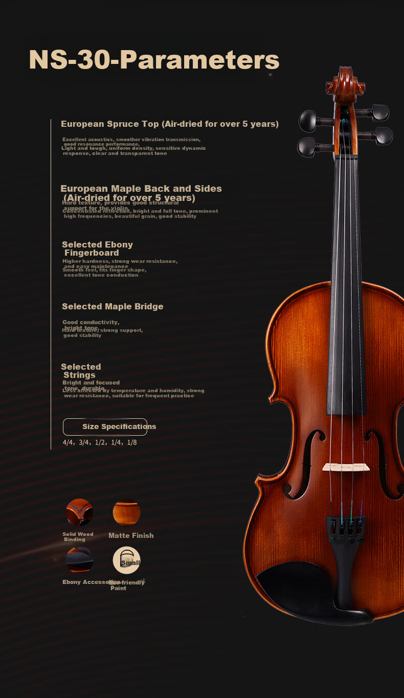 Kapok Handmade Solid Wood Violin Student Children's Beginner Practice Violin Adult Starter NS-30 4/4 8