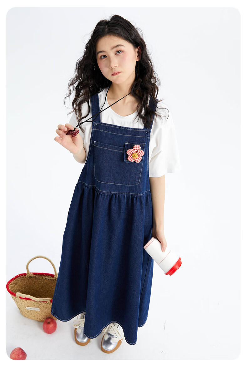 Fulomi Girls' Summer New Fashionable Casual Loose Denim Suspender Dress Blue 150cm 8