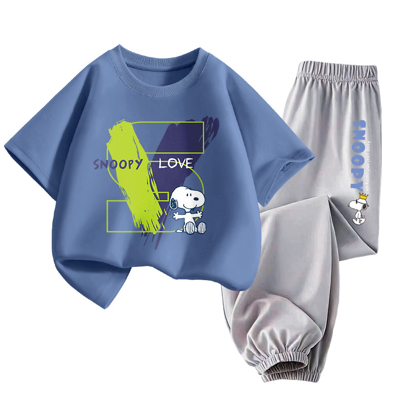 SNOOPY Children's Clothing Short-Sleeve Set for Boys And Girls, Pure Cotton T-Shirt with Mosquito-Repellent Pants, Indigo Lettering with Gray Crown, Size 160
