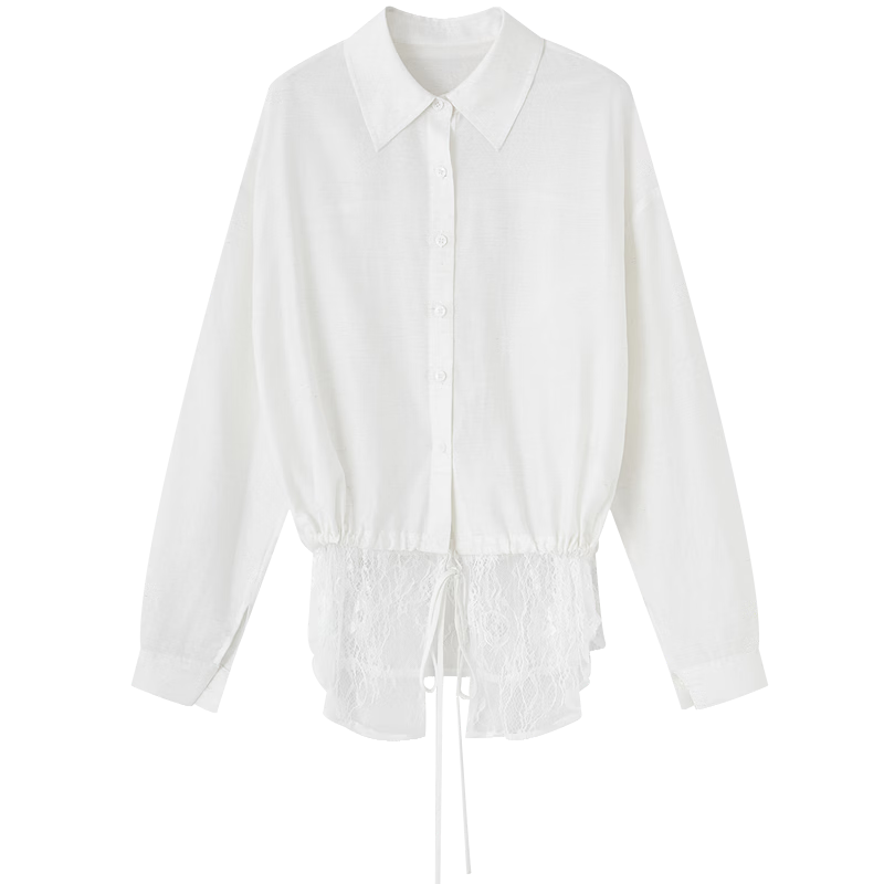Demana Luxury Linen Spring Elegant Lapel Lace Splice Drawstring Loose Petite Women's Shirt