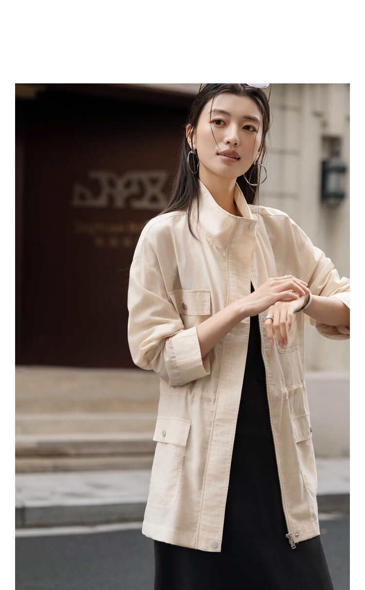 Demana [Luxury Linen] Spring Minimalist Stand Collar Drawstring Waist Multi-Pocket Petite Women's Jacket 14