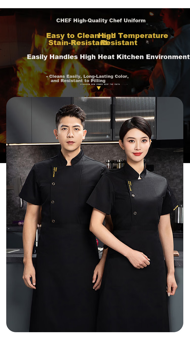 HANMANKE Summer Chef Workwear Short Sleeve Set Men Kitchen Uniform Work Clothes Custom Black Single Top 2XL 6