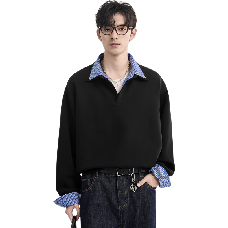 Earl Zore Premium Layered Shirt Collar Pullover Sweatshirt for Men Loose Casual Top