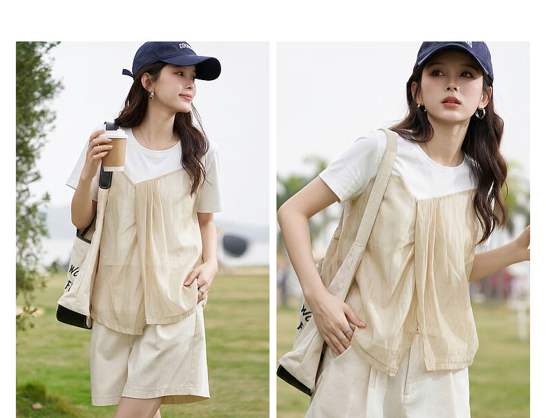 Demana [Comfort Sorona] Summer Elegant Color-Block Crew Neck Short Sleeve Fashion Slim Fit Versatile Women's T-Shirt 8