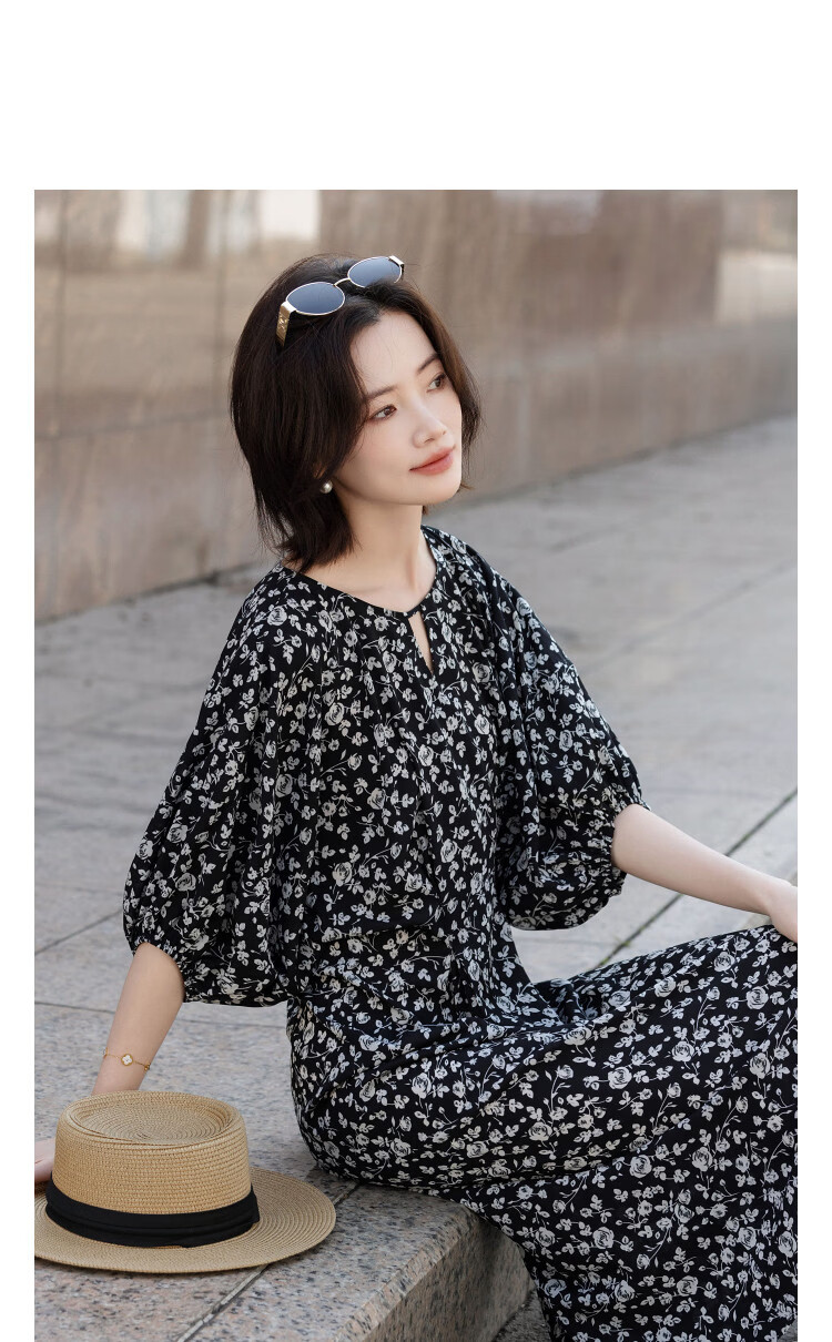 Demana Vintage Floral Lady Summer Elegant Round Neck Waist-Cinching Shoulder Belt Slim Fit Dress for Women 8
