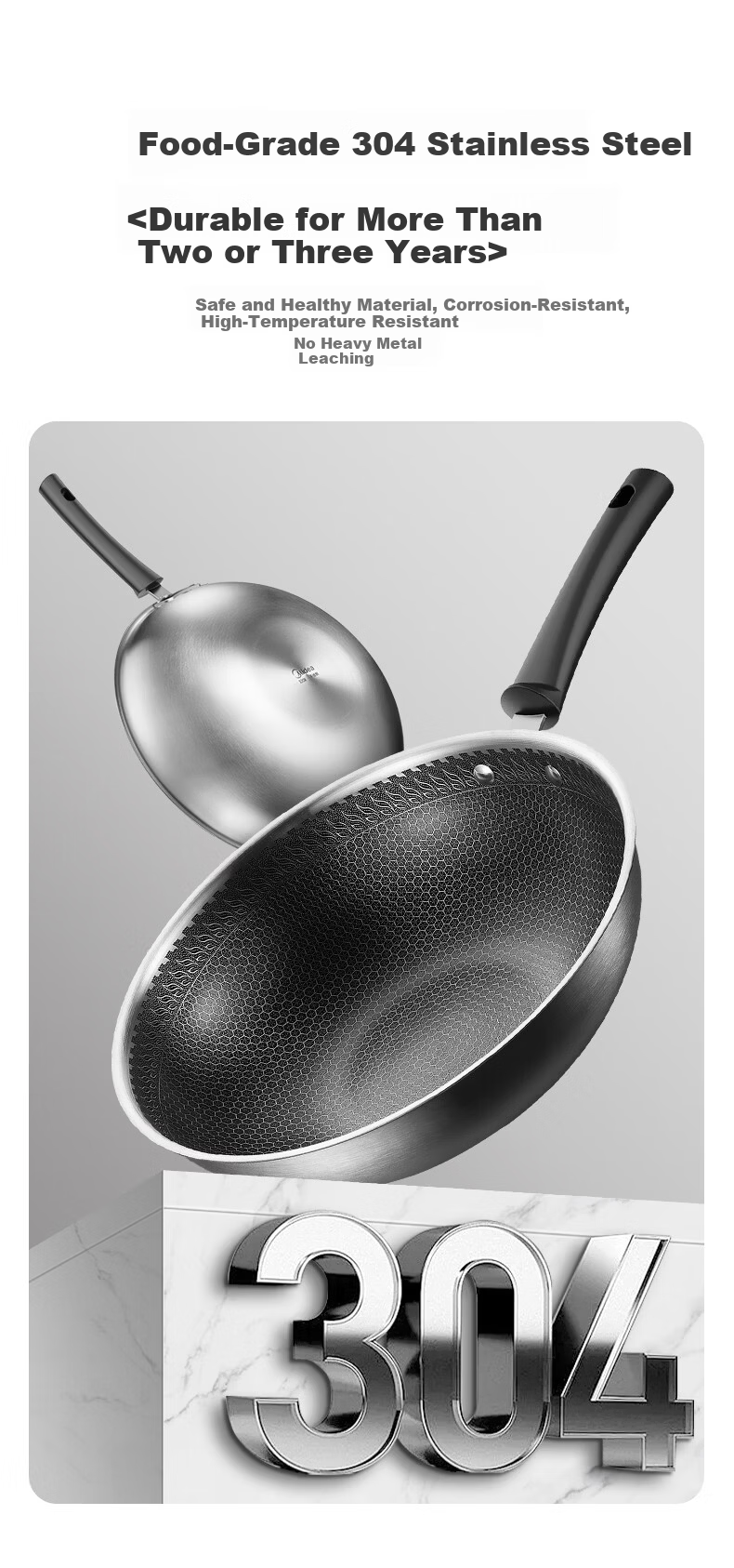 Midea Non-Stick Wok, Cooking Pan, 304 Stainless Steel Flat Bottom Pan, Ceramic, Zero Fluorine Snowflake Pattern, Compatible with Induction Cooker 7