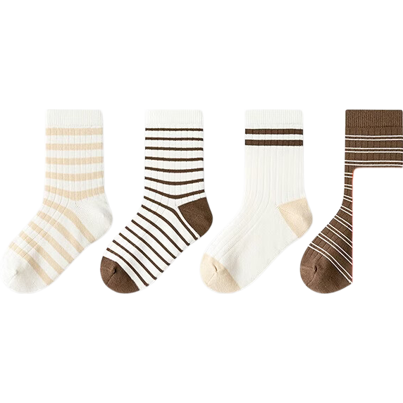 BALABALA Socks, Boys' Mid-Calf Socks, Girls' Student Socks, Striped Preppy Style, High Elasticity, Non-Binding, Four Pairs Pack, 209925172210