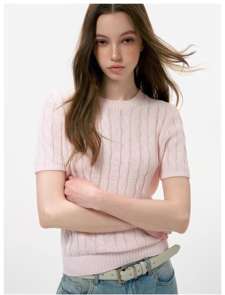 ICH MODE Intelligent Old Money Round Neck Cable Knit Short Sleeve Women's Summer Thin Mesh T-Shirt Pure Cotton Base Top Spring Off-White S 23