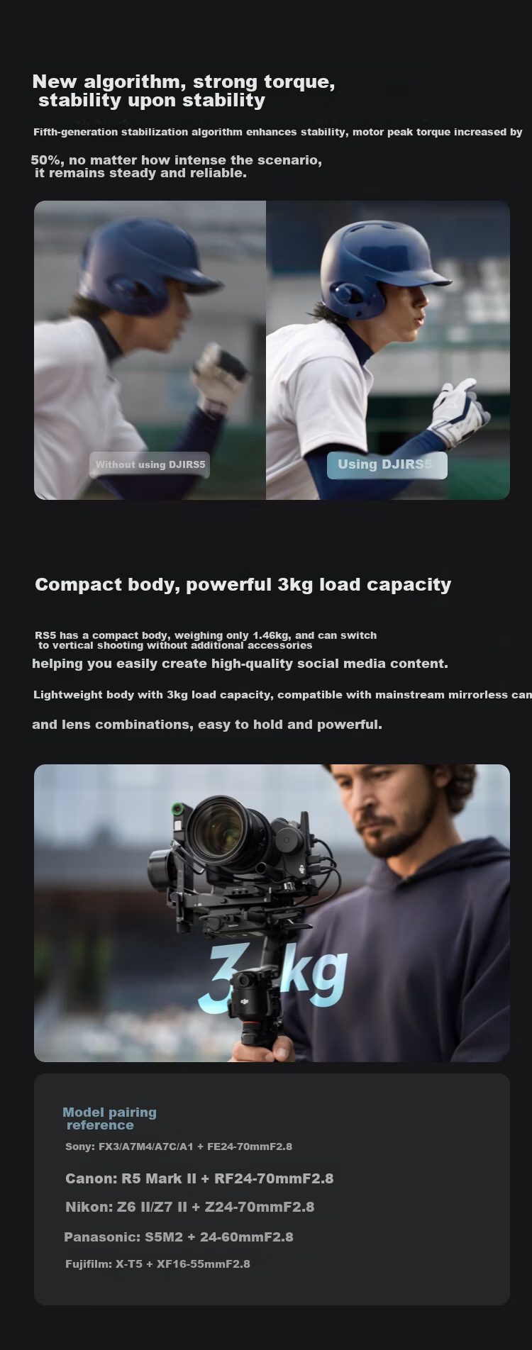 DJI RS 5 Ronin Handheld Gimbal Camera Stabilizer Professional Intelligent Tracking Handheld Camera Stabilizer 3kg Load DSLR Mirrorless Lightweight Commercial Gimbal 4