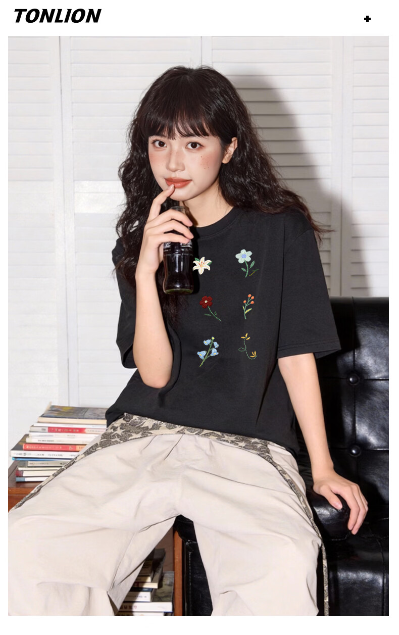 TonLion Women's Short Sleeve T-Shirt Pure Cotton 2026 Summer New Trendy Floral Design Petite Top 7