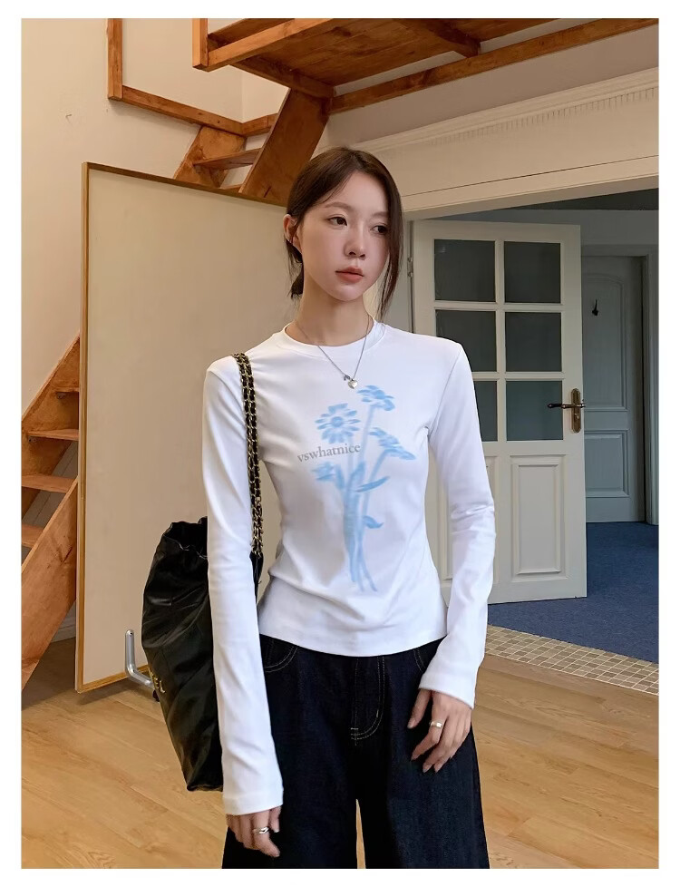 ICH MODE Floral Print Short Sleeve T-Shirt Women Spring Autumn New Korean Style Beautiful Shoulder Tee Navy Blue S 26
