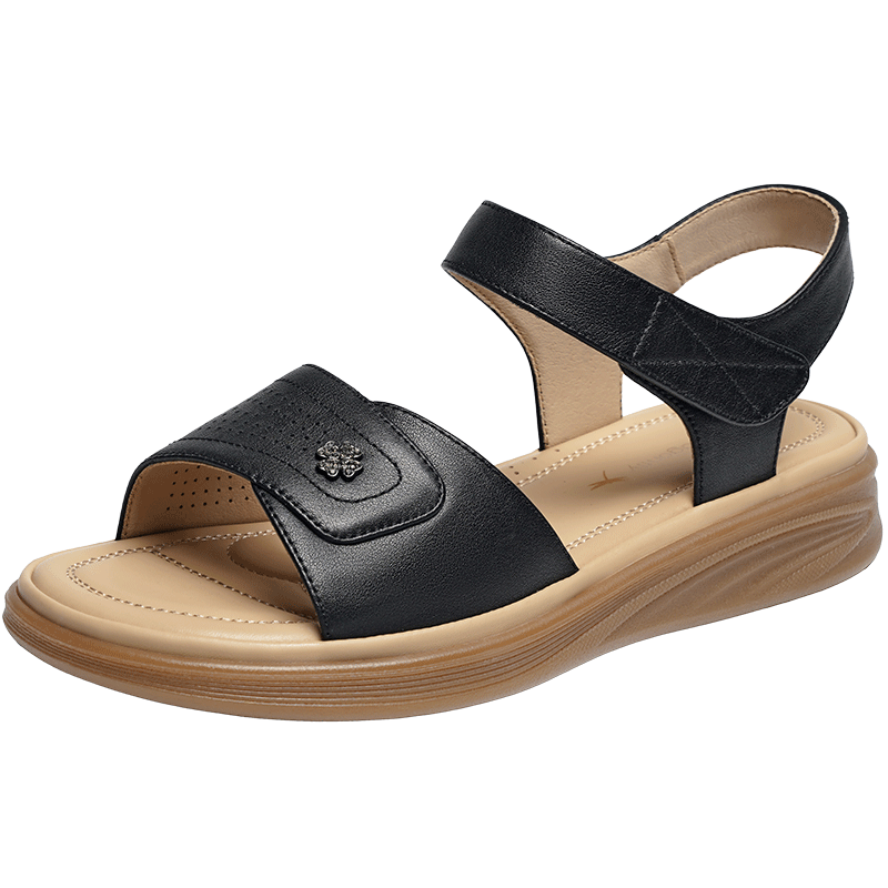 RED DRAGONFLY Mom's Sandals, Summer Women's Shoes, Comfortable Genuine Leather Casual Soft-Soled Middle-Aged And Elderly Sandals WJK26820, Black, Size 35