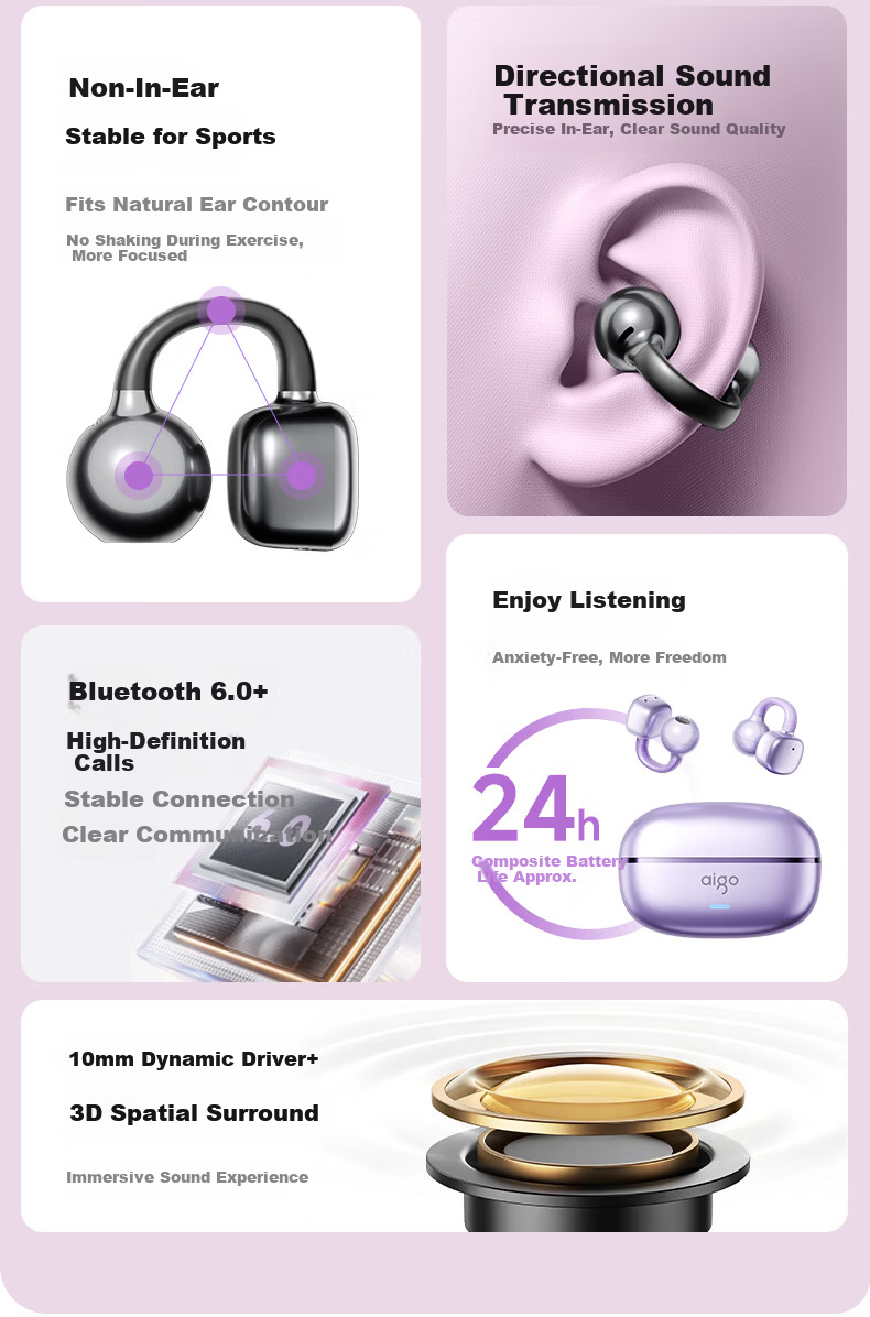 Aigo Bluetooth Ear Clip Open-Ear True Wireless Bluetooth 6.0 Children's Bone Conduction Concept Sports Running Earphones Purple 2