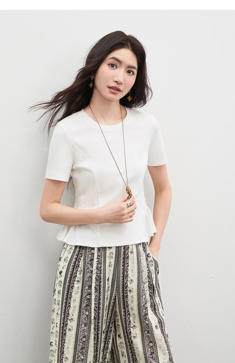 Shangdu Bila Gentle Pure Cotton Short Sleeve T-Shirt Women Spring Summer Simple Round Neck Split Design Slim Fit Top Youthful Temperament Layering 12