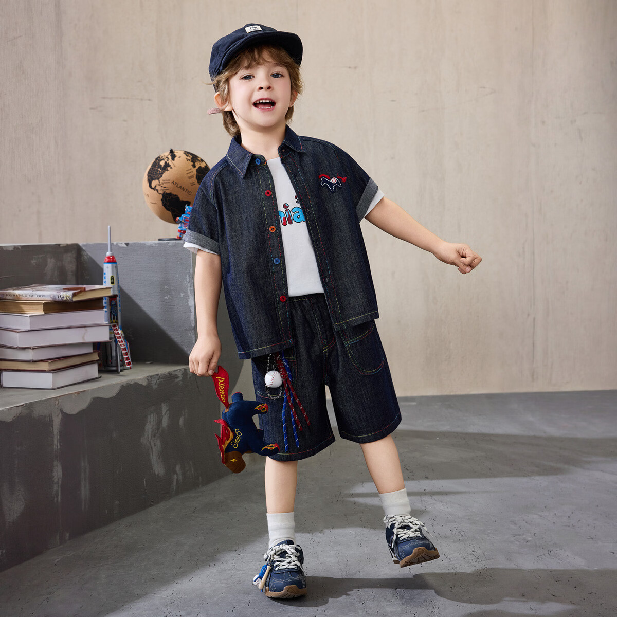 ASK JUNIOR Kids Summer Set New Boys' College Style Casual Versatile Denim Shirt and Shorts Toddler Two-Piece Set 6