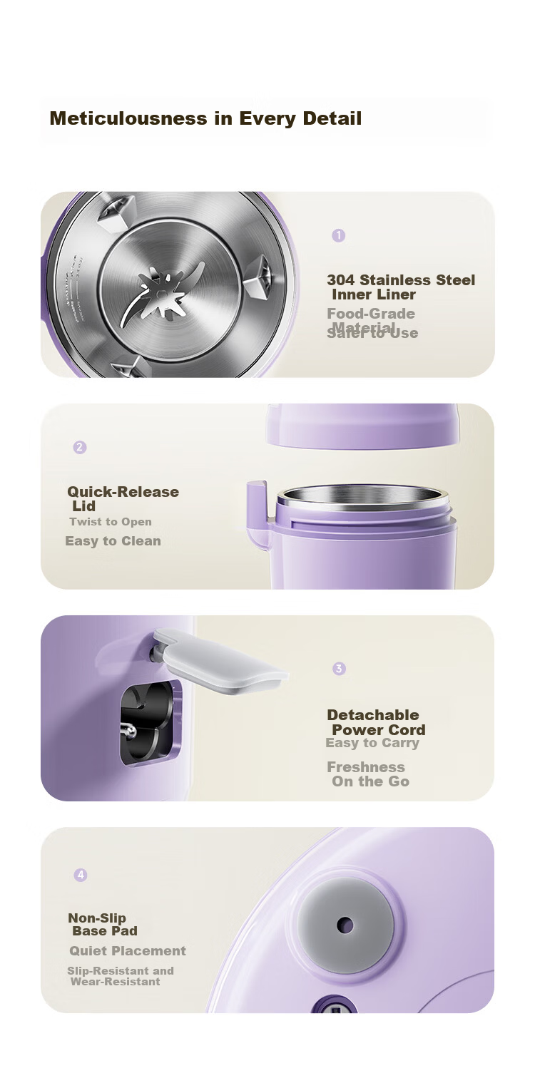 DAEWOO Mini Soy Milk Maker for 1-2 People Fully Automatic No-Cook No-Filter Household Blender Portable Electric Kettle Juicer SM25 Purple 12