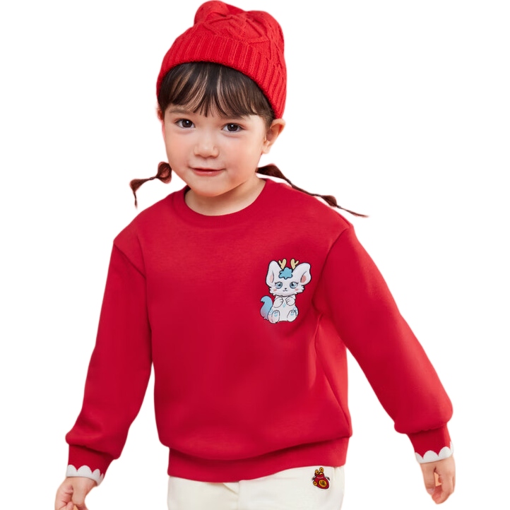 BALABALA Girls' Long-Sleeve Sweatshirt, Children's Top, Spring Wear, Fleece-Lined, New Year Red, Inner Layer, 208125121002