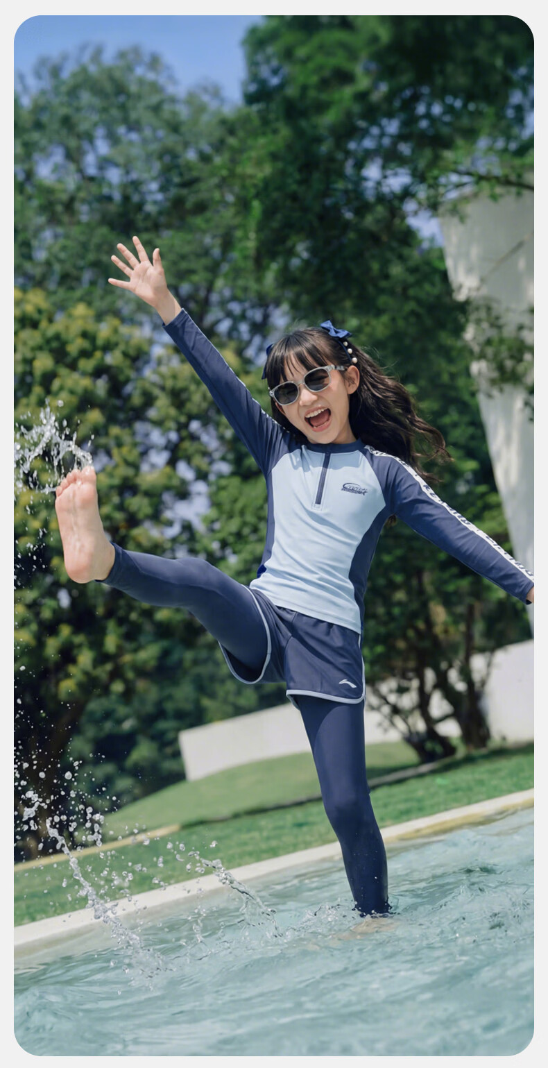 LI-NING Kids Girls Long Sleeve Long Pants Sunscreen Warm Split Professional Surfing Swimsuit Swimming Gear 1352 Blue 160 14