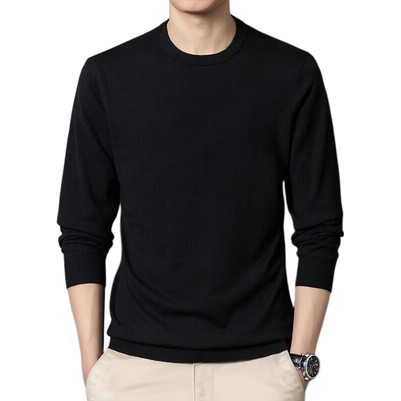 Hengyuanxiang [Wool Included] Spring and Autumn Thin Men's Crew Neck Sweater Middle-aged Knitted Base Shirt Solid Color Black 4XL