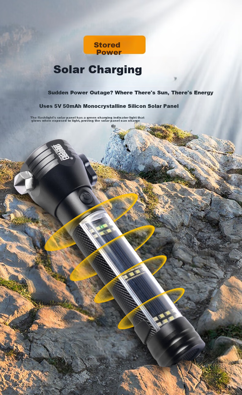 Jujingyang Solar Flashlight High Brightness Self-Defense Buzzer Strong Magnet Work Light Multifunctional Car Emergency Window Breaker Safety Hammer 12